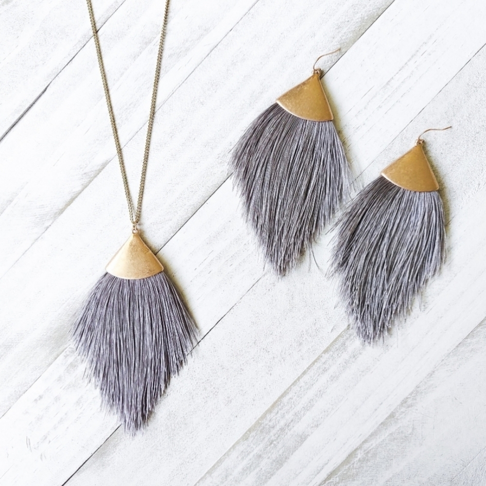 Tia Tassel Necklace & Earring Set - Gray